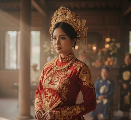 Áo dài cưới ngày xưa cùng phụ kiện