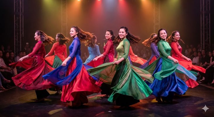 Hiệu ứng tà xòe rộng của áo dài cách tân múa văn nghệ trên sân khấu