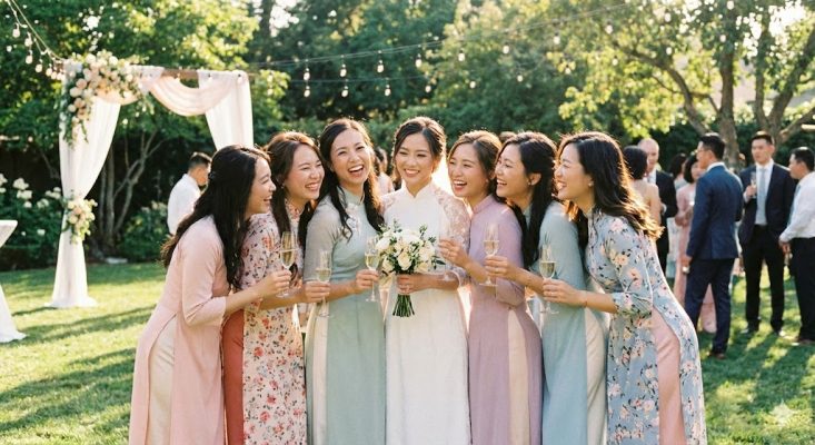 Nhóm bạn thân mặc áo dài cách tân dự tiệc cưới trẻ trung năng động