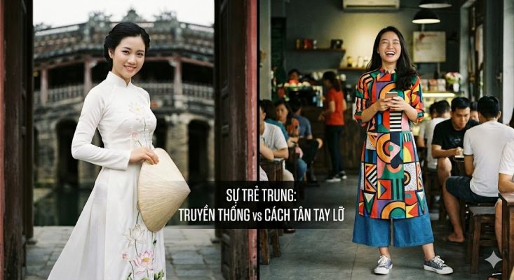 So ánh áo dài cách tân tay lỡ trẻ trung với áo dài truyền thống